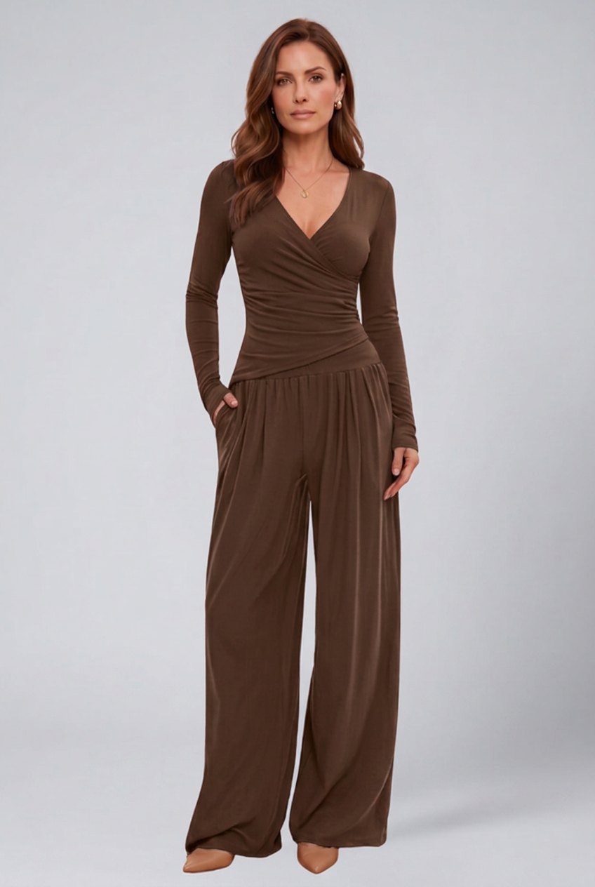 Comfortable Chocolate Loungewear Set for Women with V Neck Short Sleeve Side Pockets Elastic Waist Wide Leg Relaxed Styl