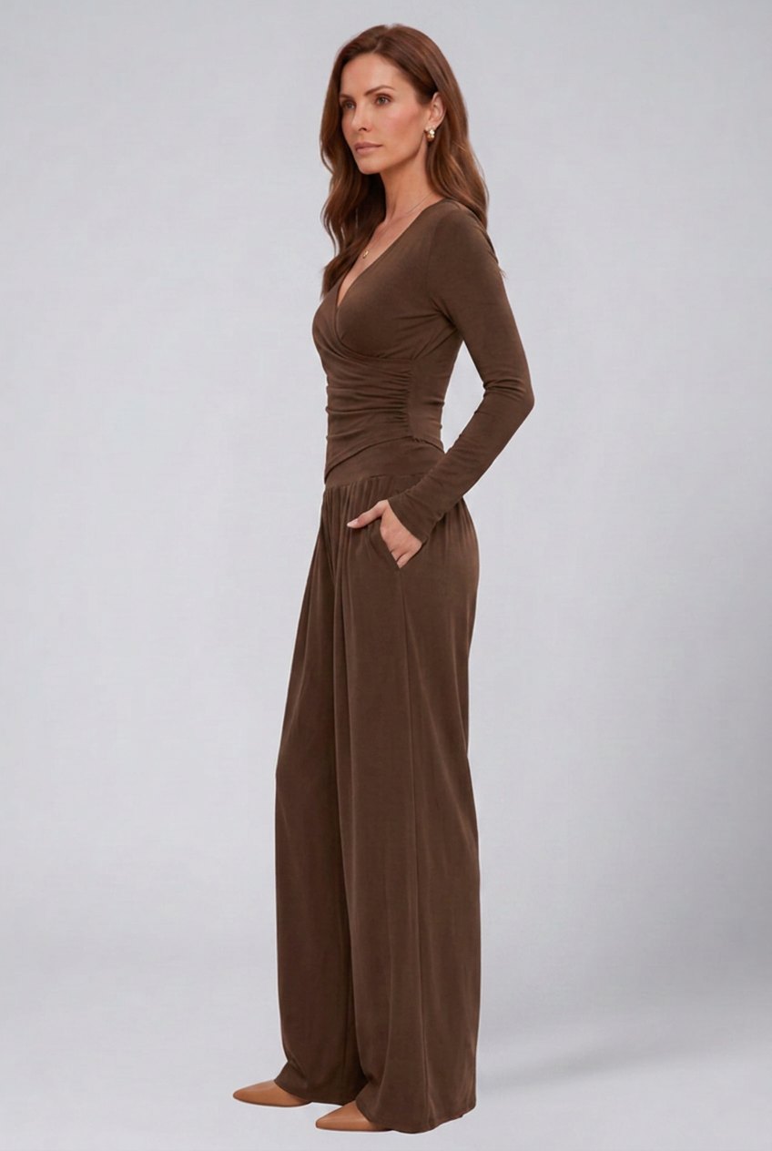 Comfortable Chocolate Loungewear Set for Women with V Neck Short Sleeve Side Pockets Elastic Waist Wide Leg Relaxed Styl