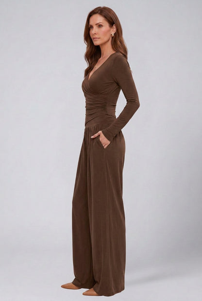 Comfortable Chocolate Loungewear Set for Women with V Neck Short Sleeve Side Pockets Elastic Waist Wide Leg Relaxed Styl