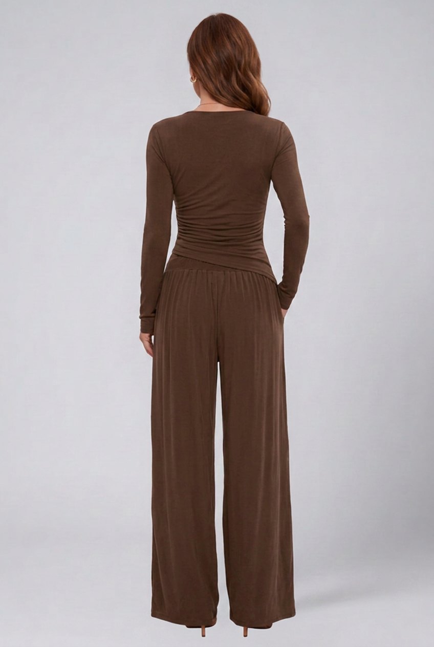 Comfortable Chocolate Loungewear Set for Women with V Neck Short Sleeve Side Pockets Elastic Waist Wide Leg Relaxed Styl