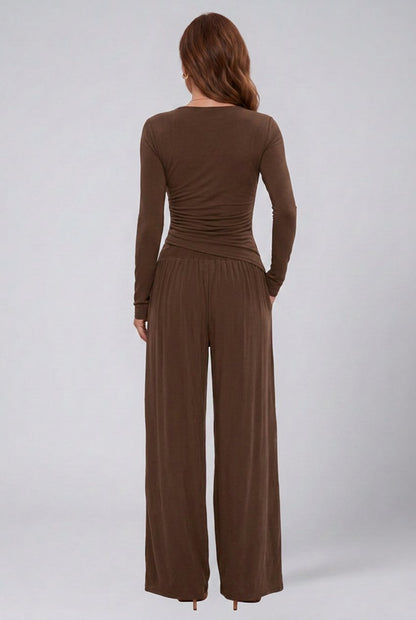 Comfortable Chocolate Loungewear Set for Women with V Neck Short Sleeve Side Pockets Elastic Waist Wide Leg Relaxed Styl