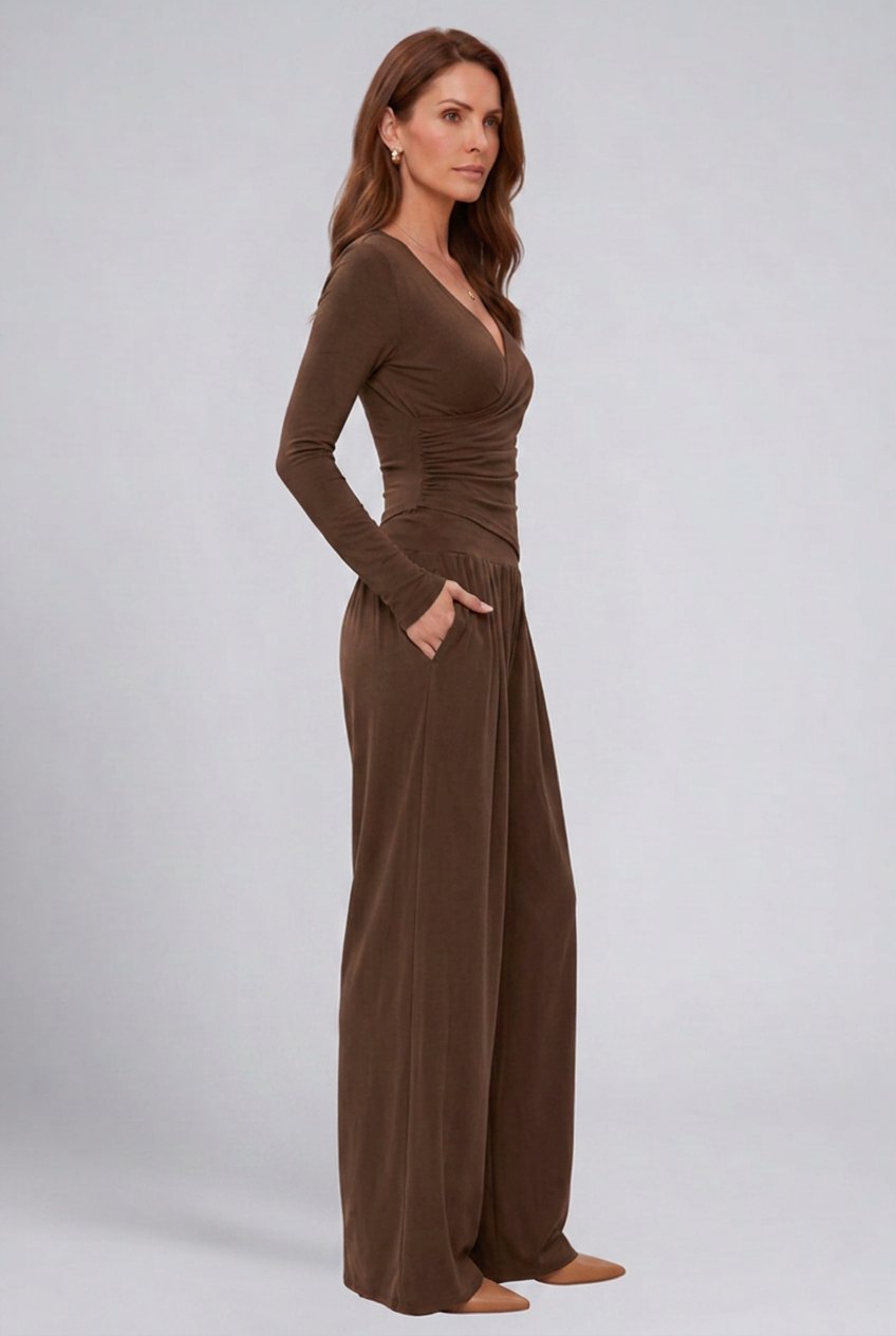 Comfortable Chocolate Loungewear Set for Women with V Neck Short Sleeve Side Pockets Elastic Waist Wide Leg Relaxed Styl