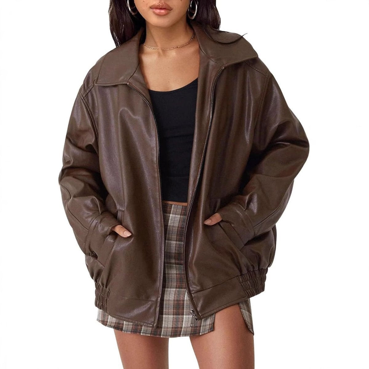 Comfortable Dark Brown Faux Leather Coat for Women with Collared Zip Front Elastic Waist Oversized Fit Relaxed Fit Layer