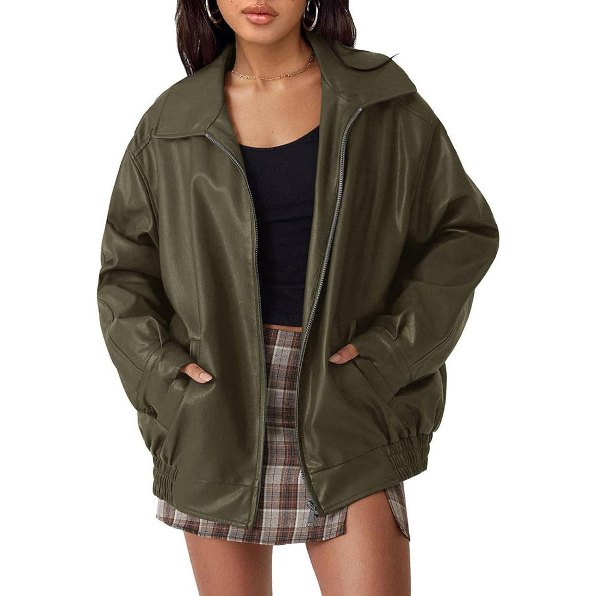 Comfortable Dark Brown Faux Leather Coat for Women with Collared Zip Front Elastic Waist Oversized Fit Relaxed Fit Layer