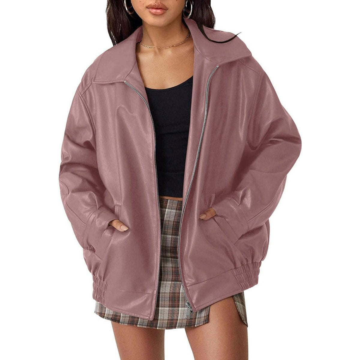 Comfortable Dark Brown Faux Leather Coat for Women with Collared Zip Front Elastic Waist Oversized Fit Relaxed Fit Layer