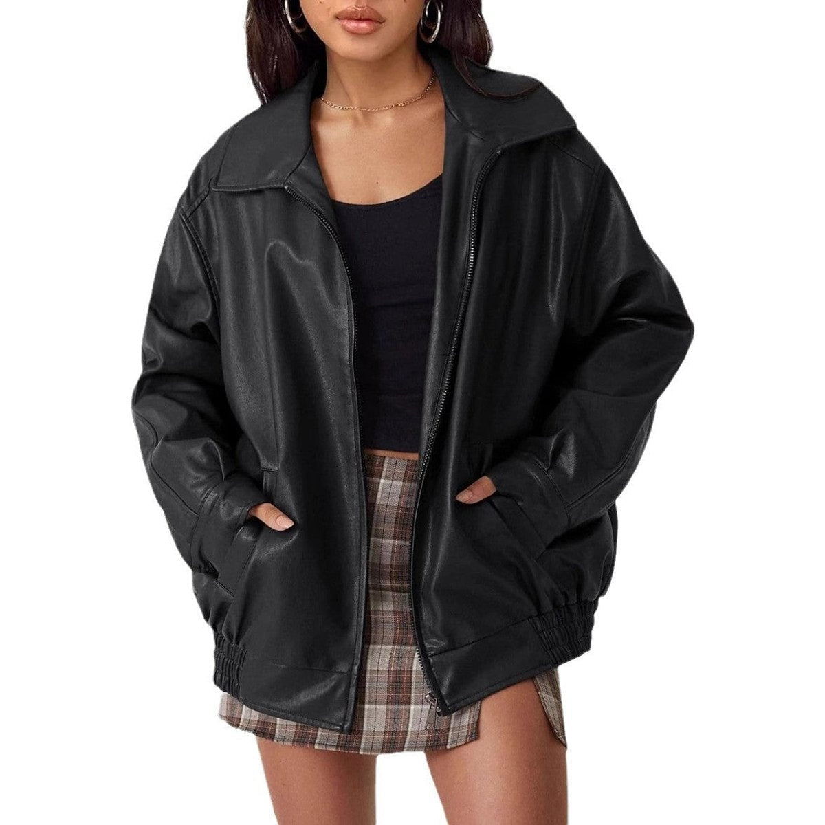 Comfortable Dark Brown Faux Leather Coat for Women with Collared Zip Front Elastic Waist Oversized Fit Relaxed Fit Layer