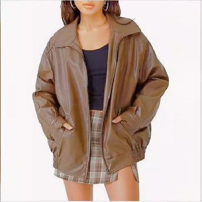 Comfortable Dark Brown Faux Leather Coat for Women with Collared Zip Front Elastic Waist Oversized Fit Relaxed Fit Layer