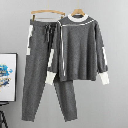 Comfortable Gray Loungewear Set for Women with Collared Long Sleeve Side Pockets Elastic Waist Drawstring Waist Everyday