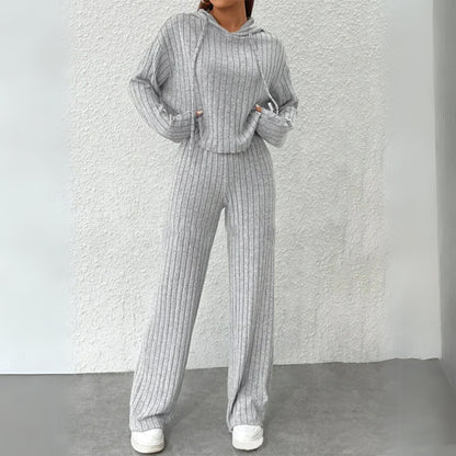 Comfortable Gray Loungewear Set for Women with Hooded Ribbed Relaxed Fit Everyday Style