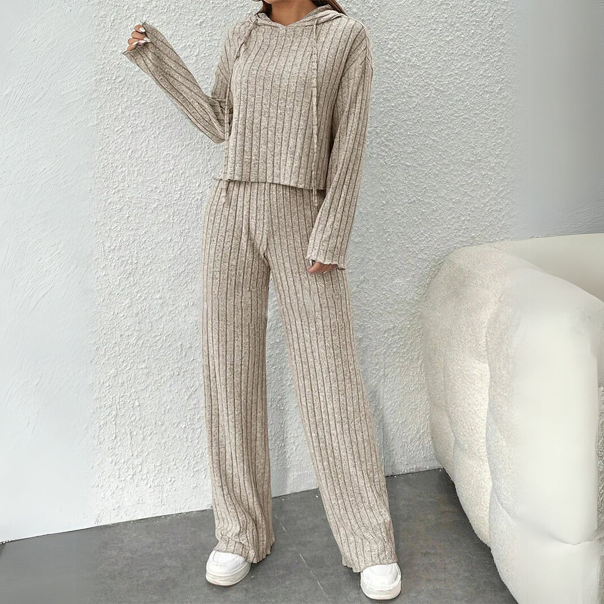Comfortable Gray Loungewear Set for Women with Hooded Ribbed Relaxed Fit Everyday Style