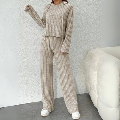 Comfortable Gray Loungewear Set for Women with Hooded Ribbed Relaxed Fit Everyday Style
