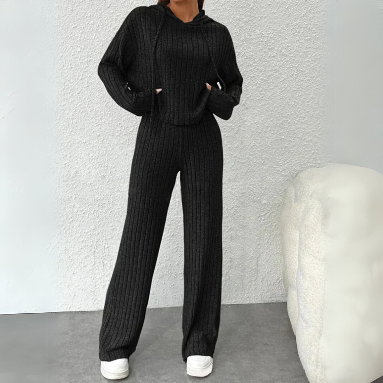 Comfortable Gray Loungewear Set for Women with Hooded Ribbed Relaxed Fit Everyday Style