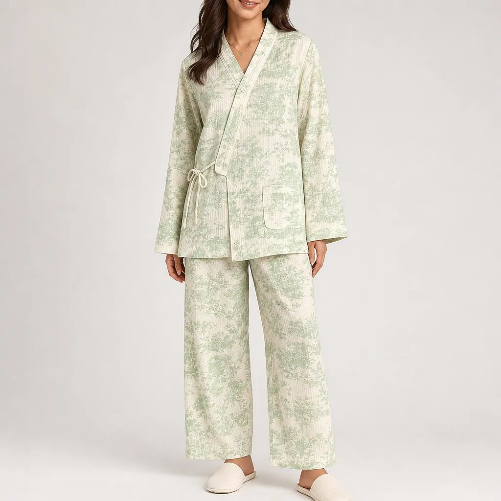 Comfortable Green Pajamas for Women with Side Pockets Wide Leg Wrap Front Lounge Style