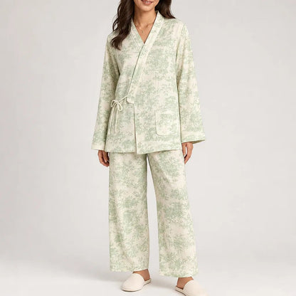 Comfortable Green Pajamas for Women with Side Pockets Wide Leg Wrap Front Lounge Style