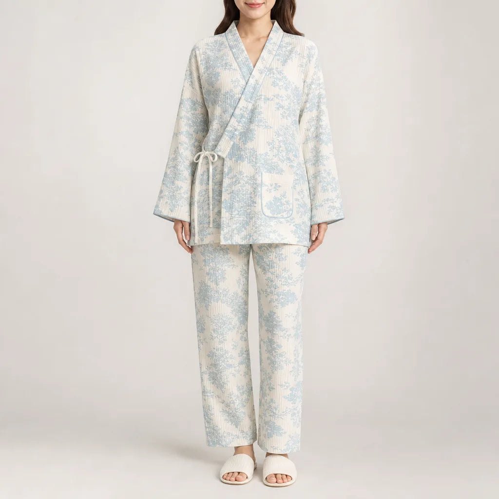 Comfortable Green Pajamas for Women with Side Pockets Wide Leg Wrap Front Lounge Style