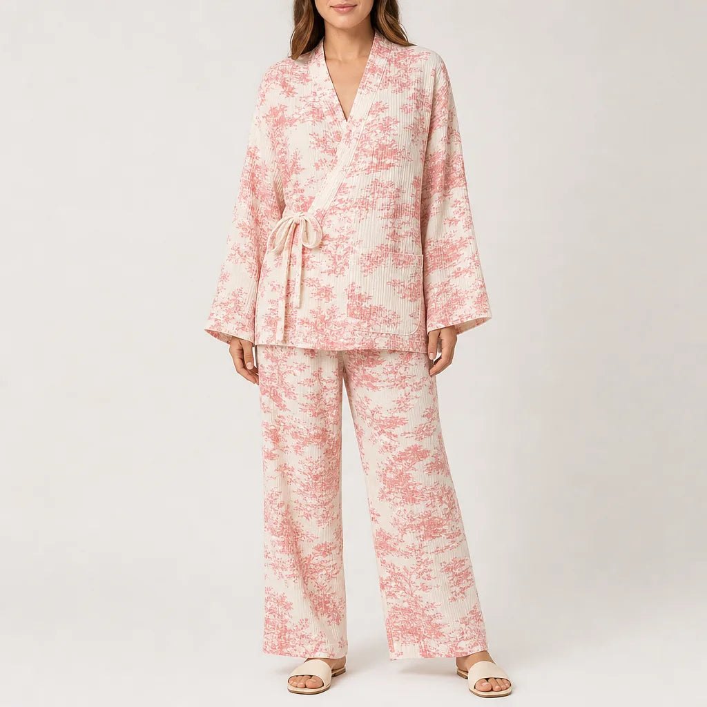Comfortable Green Pajamas for Women with Side Pockets Wide Leg Wrap Front Lounge Style