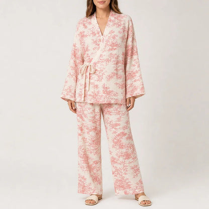Comfortable Green Pajamas for Women with Side Pockets Wide Leg Wrap Front Lounge Style
