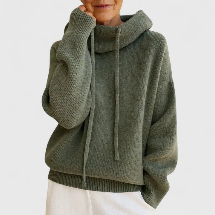 Comfortable Green Sweater for Women with Turtleneck Drawstring Waist Relaxed Fit Layered Style