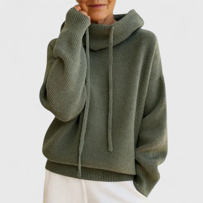 Comfortable Green Sweater for Women with Turtleneck Drawstring Waist Relaxed Fit Layered Style