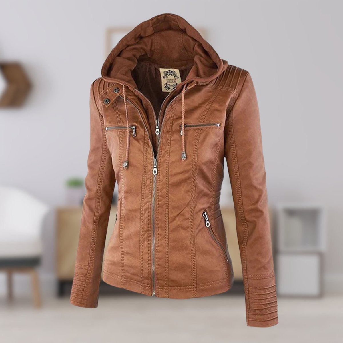 Comfortable Khaki Faux Leather Coat for Women with Hooded Zip Front Drawstring Waist Winter Style