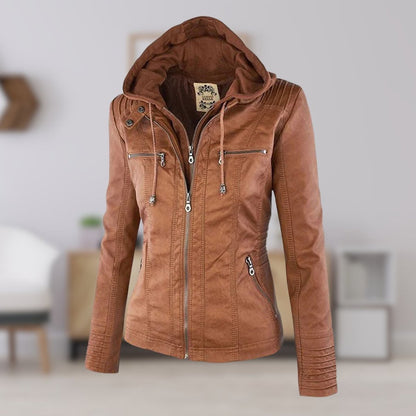 Comfortable Khaki Faux Leather Coat for Women with Hooded Zip Front Drawstring Waist Winter Style