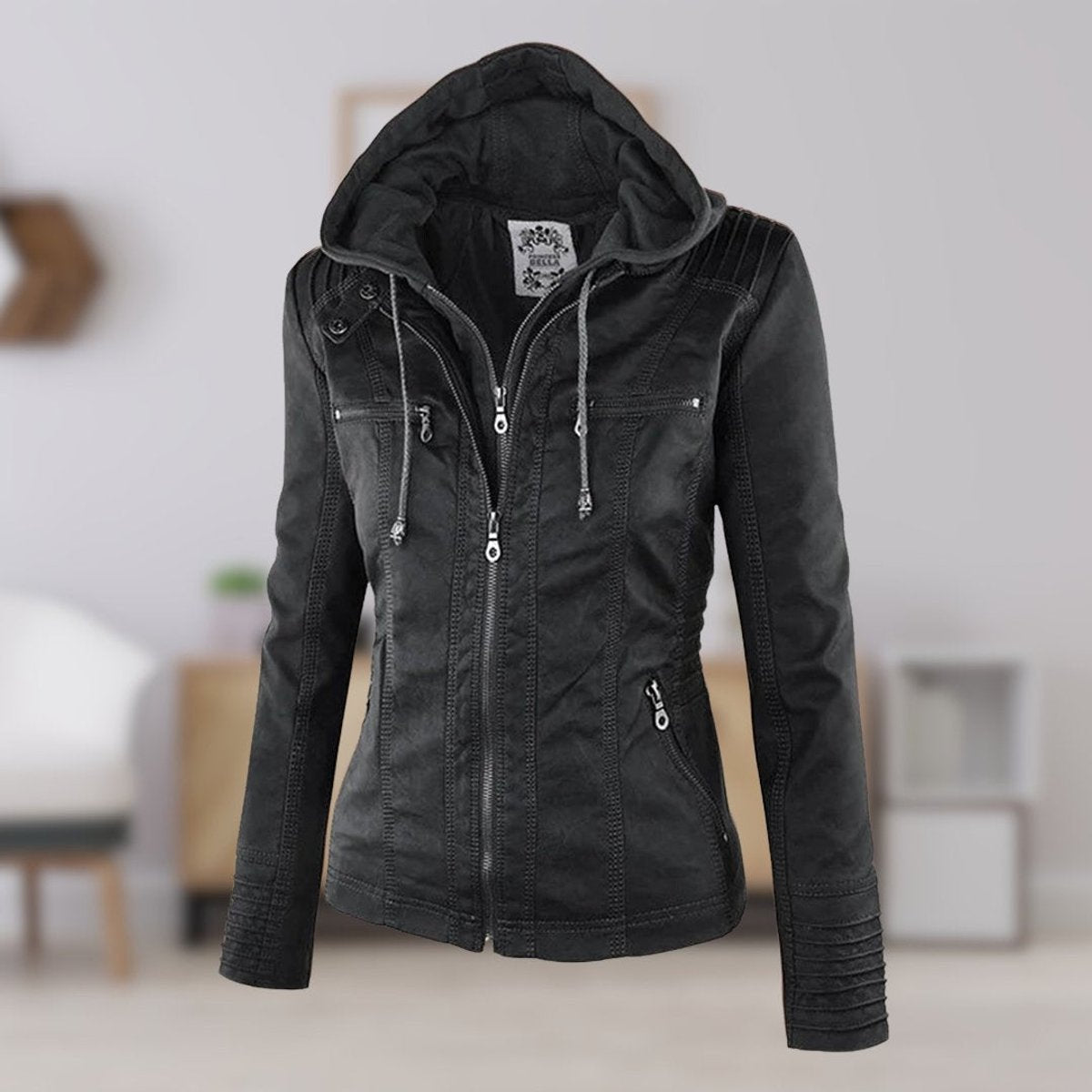 Comfortable Khaki Faux Leather Coat for Women with Hooded Zip Front Drawstring Waist Winter Style
