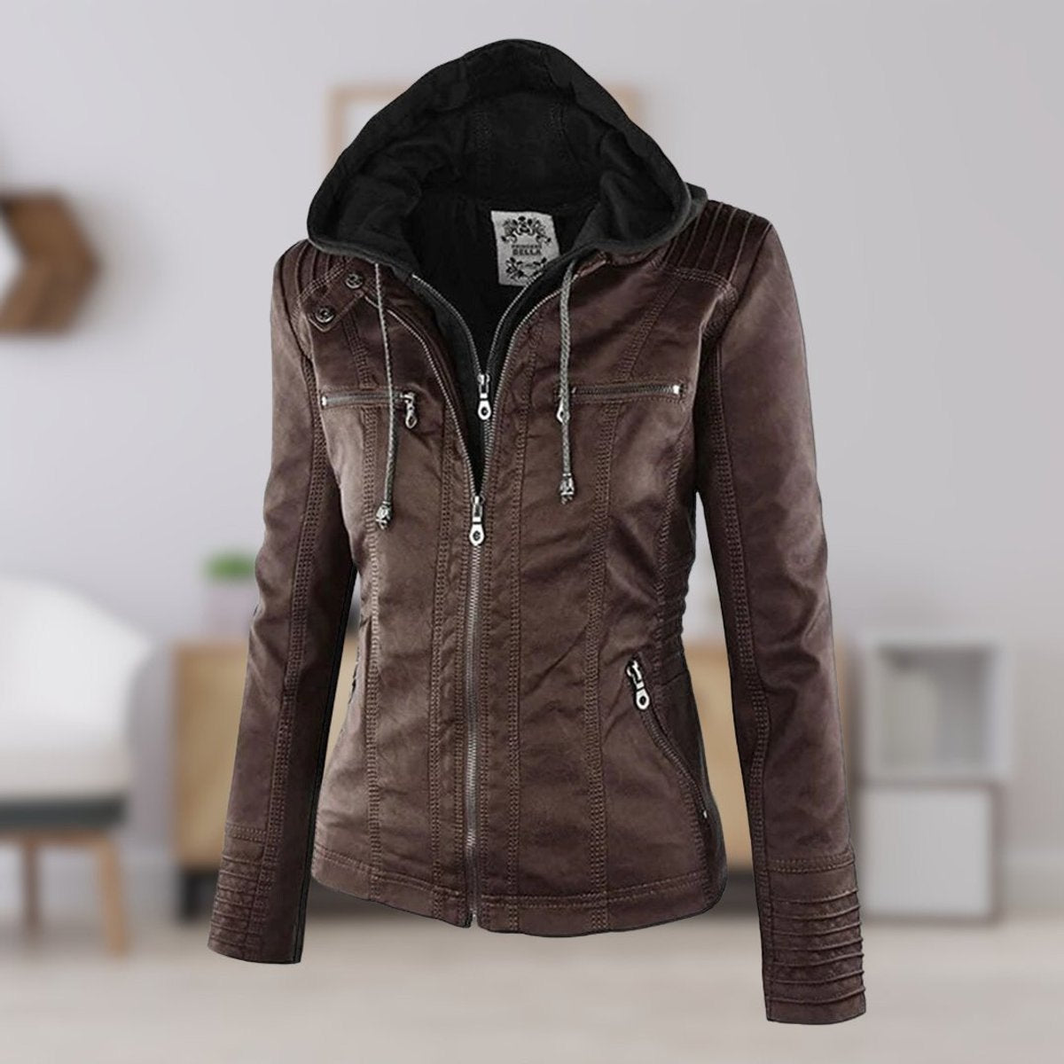 Comfortable Khaki Faux Leather Coat for Women with Hooded Zip Front Drawstring Waist Winter Style