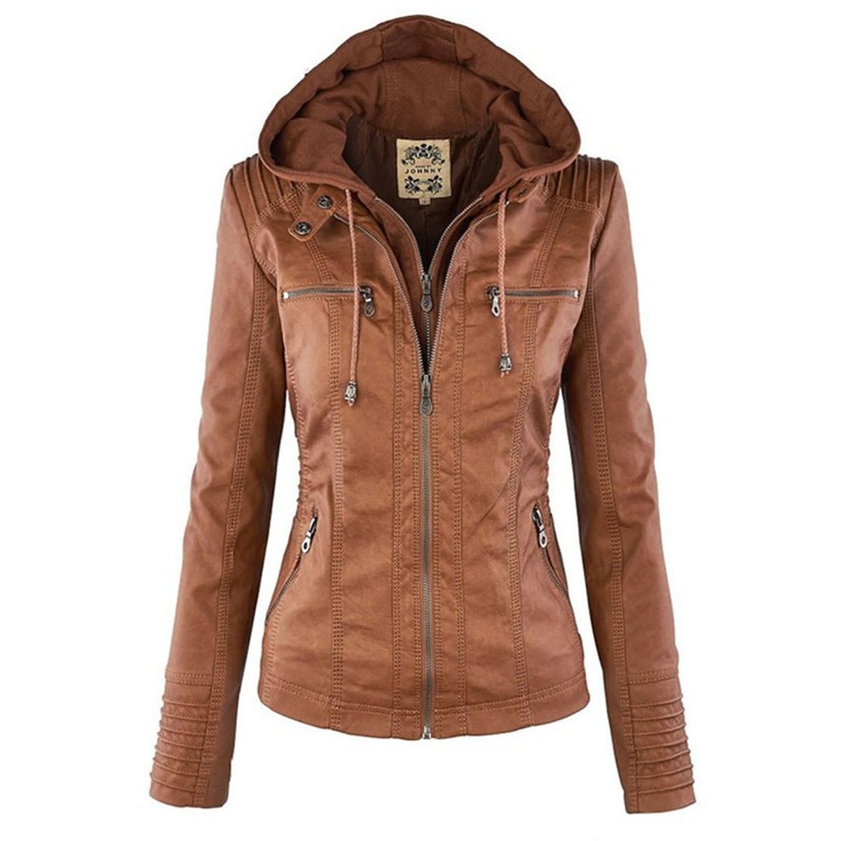 Comfortable Khaki Faux Leather Coat for Women with Hooded Zip Front Drawstring Waist Winter Style