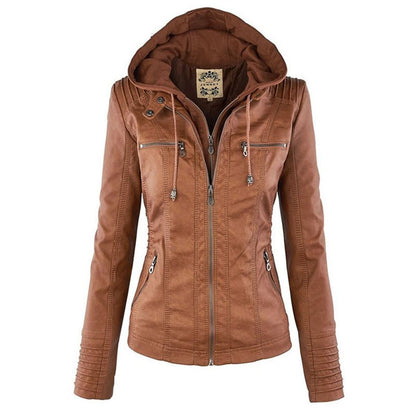 Comfortable Khaki Faux Leather Coat for Women with Hooded Zip Front Drawstring Waist Winter Style