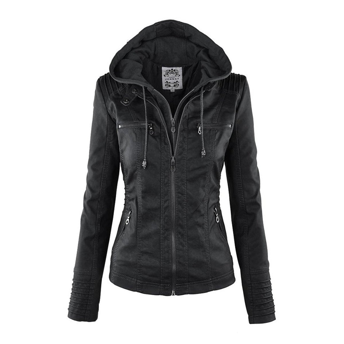 Comfortable Khaki Faux Leather Coat for Women with Hooded Zip Front Drawstring Waist Winter Style