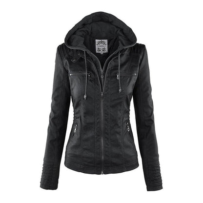 Comfortable Khaki Faux Leather Coat for Women with Hooded Zip Front Drawstring Waist Winter Style