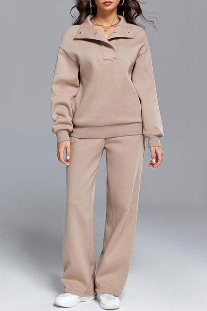 Comfortable Khaki Sweat Set for Women with Wide Leg Everyday Wear Soft Finish Relaxed Style