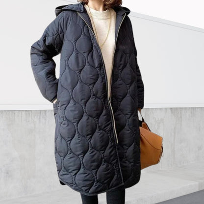 Comfortable Navy Quilted Jacket for Women with Hooded Oversized Fit Relaxed Fit Layered Style
