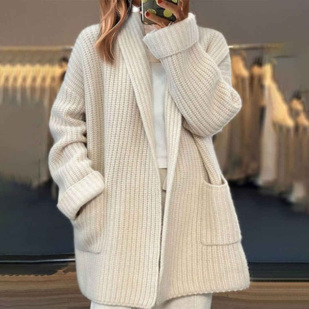 Comfortable Off White Cardigan for Women with Side Pockets Relaxed Fit Open Front Knit Everyday Style