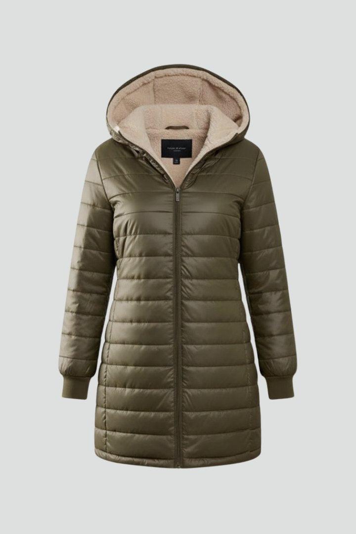 Comfortable Olive Puffer Jacket for Women with Zip Front Hooded Relaxed Fit Outdoor Style