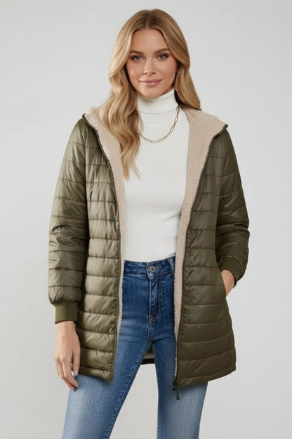 Comfortable Olive Puffer Jacket for Women with Zip Front Hooded Relaxed Fit Outdoor Style