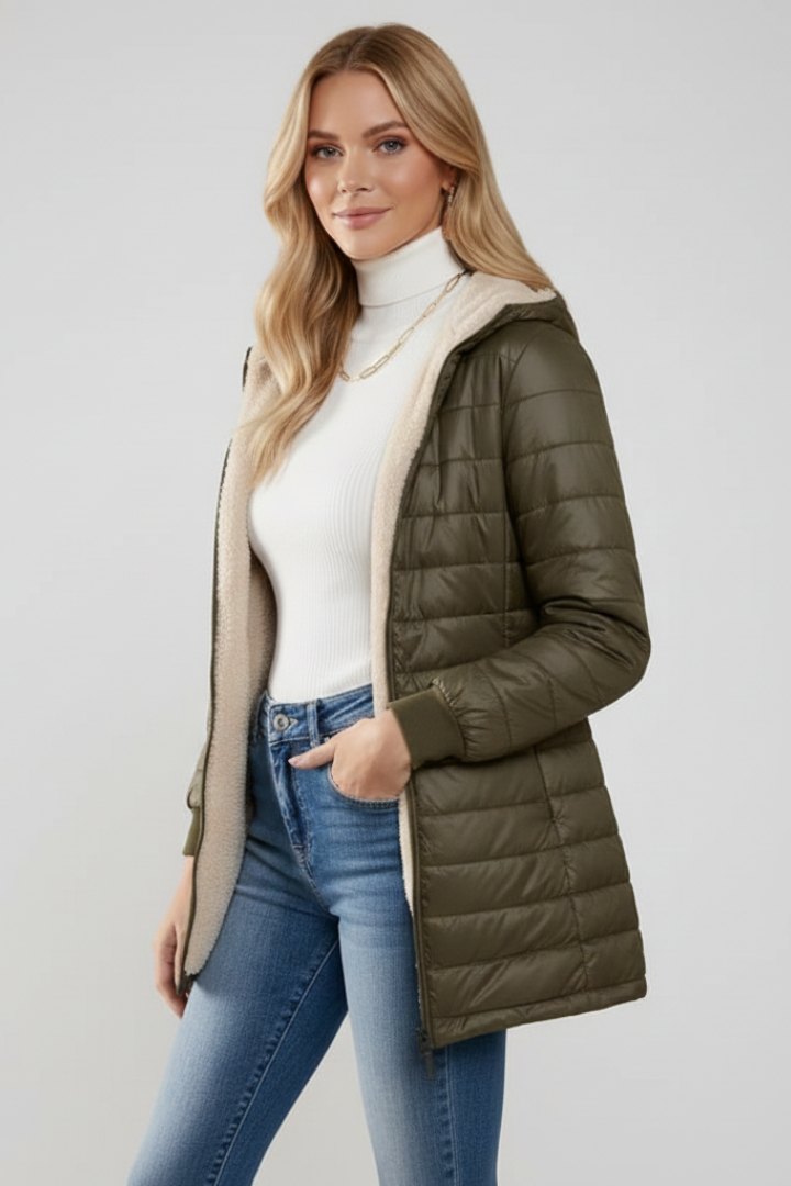 Comfortable Olive Puffer Jacket for Women with Zip Front Hooded Relaxed Fit Outdoor Style