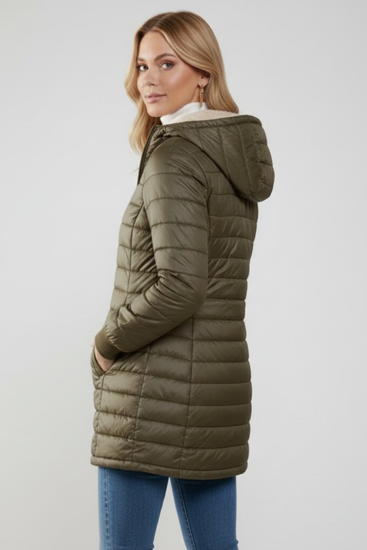 Comfortable Olive Puffer Jacket for Women with Zip Front Hooded Relaxed Fit Outdoor Style