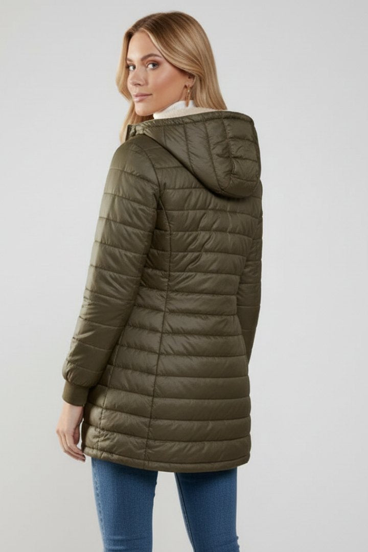 Comfortable Olive Puffer Jacket for Women with Zip Front Hooded Relaxed Fit Outdoor Style