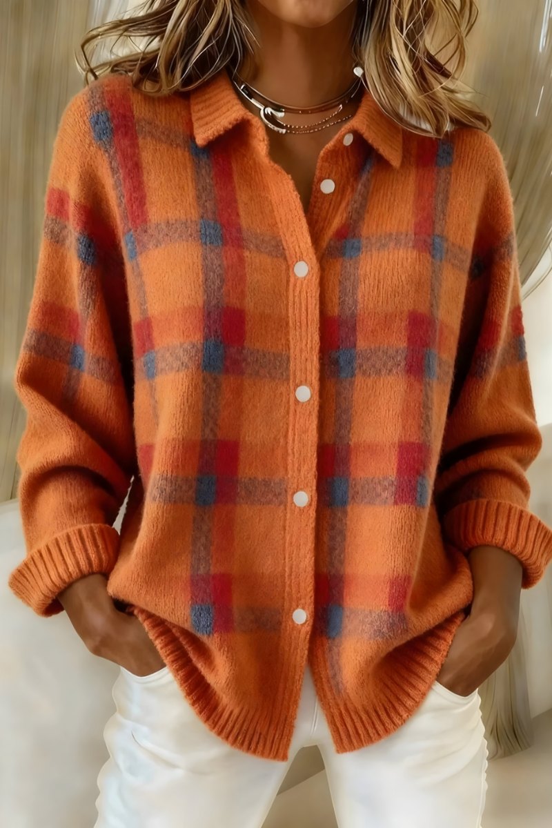 Comfortable Orange Cardigan for Women with Collared Button Front Plaid Knit Relaxed Style