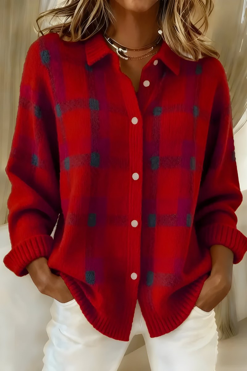 Comfortable Orange Cardigan for Women with Collared Button Front Plaid Knit Relaxed Style