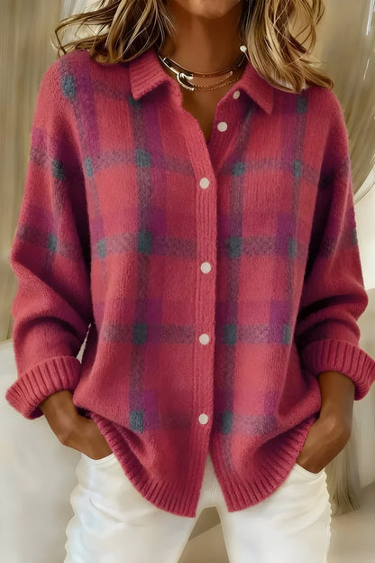 Comfortable Orange Cardigan for Women with Collared Button Front Plaid Knit Relaxed Style