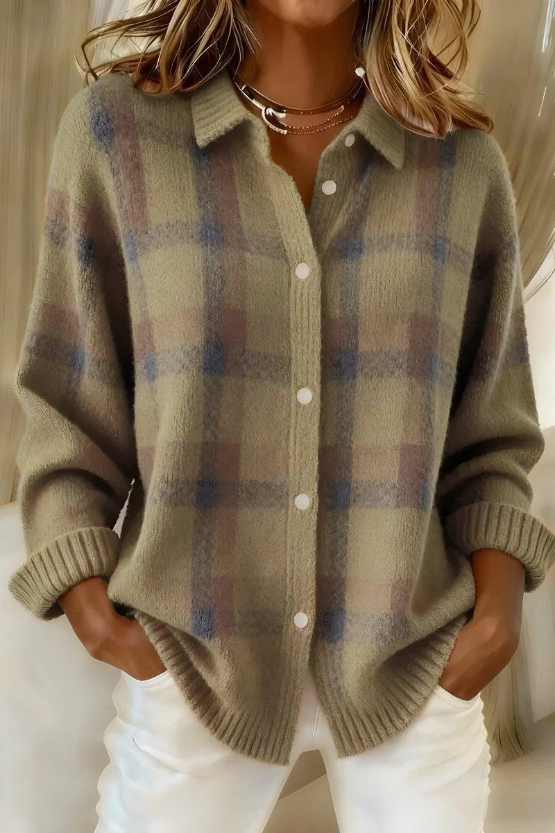 Comfortable Orange Cardigan for Women with Collared Button Front Plaid Knit Relaxed Style
