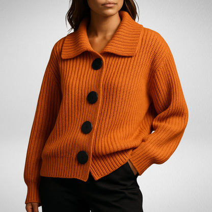 Comfortable Orange Cardigan for Women with Turtleneck Button Front Oversized Fit Relaxed Fit Ribbed Everyday Style