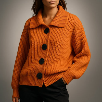 Comfortable Orange Cardigan for Women with Turtleneck Button Front Oversized Fit Relaxed Fit Ribbed Everyday Style