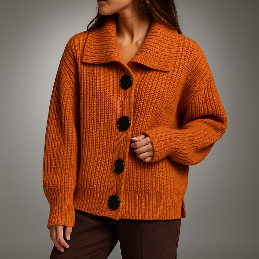Comfortable Orange Cardigan for Women with Turtleneck Button Front Oversized Fit Relaxed Fit Ribbed Everyday Style