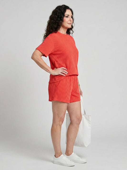 Comfortable Orange Loungewear Set for Women with Crew Neck Short Sleeve Elastic Waist Relaxed Style