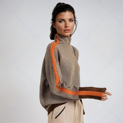 Comfortable Orange Sweater for Women with Collared Plaid Knit Relaxed Style