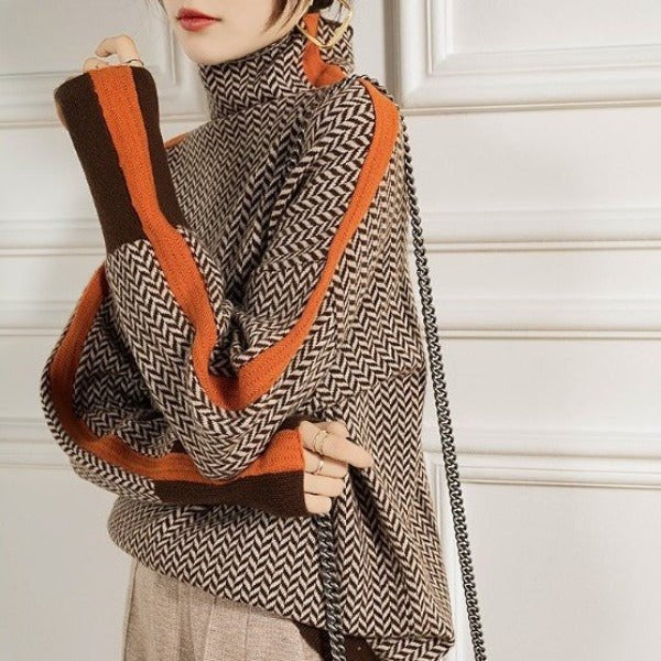 Comfortable Orange Sweater for Women with Collared Plaid Knit Relaxed Style
