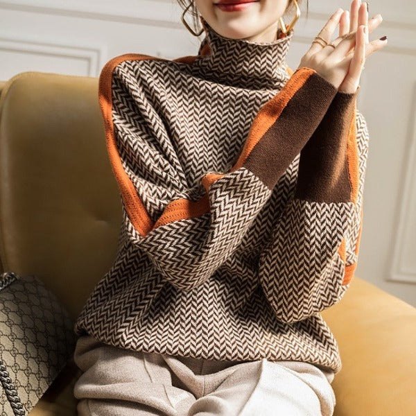 Comfortable Orange Sweater for Women with Collared Plaid Knit Relaxed Style